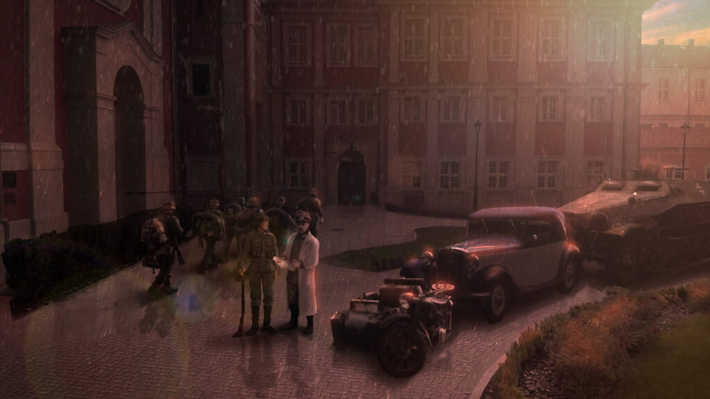 Plac przed wejściami do kościoła i budynków klasztoru z maszerującą grupą niemieckich żołnierzy i zaparkowanymi autami. Pada deszcz oświetlany resztkami zachodzącego słońca.