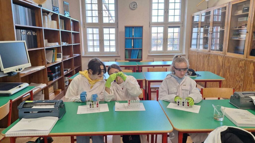 Uczniowie do probówek i soku dodają roztwory o różnych odczynach chemicznych, co skutkuje zmianą barwy roztworu. Oprócz uczennic widoczni są: Andrzej oraz Patryk.